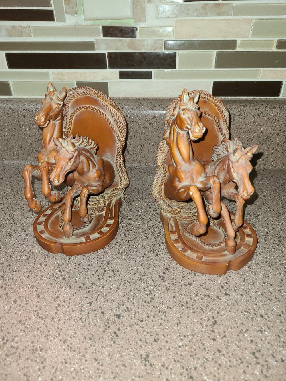 VTG Rearing Wild Stallions Horse Bookends Brown Sculptural Horseshoe Wild West